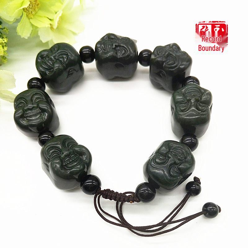 Certified Hetian Jade Double-Sided Buddha Head Prayer Beads Bracelet