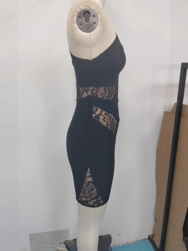 Black Lace Patchwork Sheer Evening Dress - European & American Bodycon Style