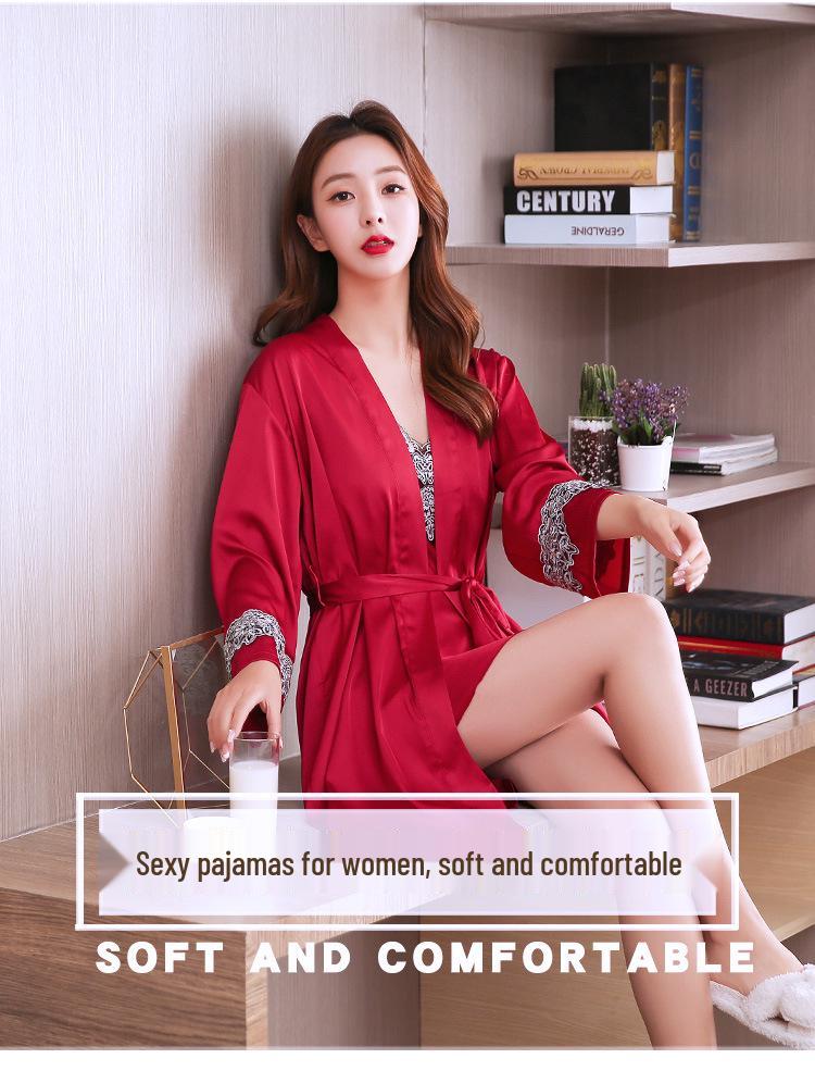 2024 Spring/Summer Women's Silk Pajama Set: Sexy Camisole & Thin Ice Silk Nightgown with Korean Style Robe