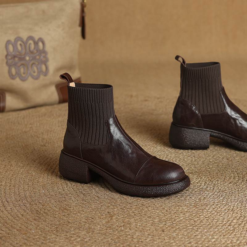Krazing Pot Sheepskin Pleated Decoration Autumn Winter Shoes Chunky Heels Size 43 Size 42 Round Toe Slip on Retro Knit Wear Ankle Boots
