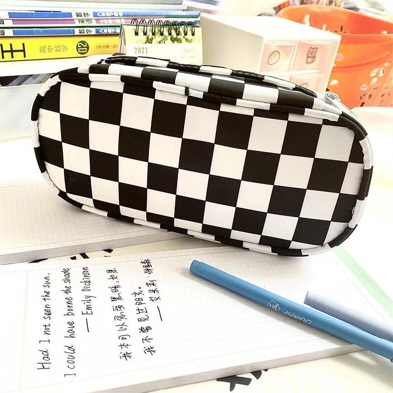 Capacity And Simple Large Black White Plaid Pencil Case Portable Canvas Material Pencil Bag School Office Supplies Stationery