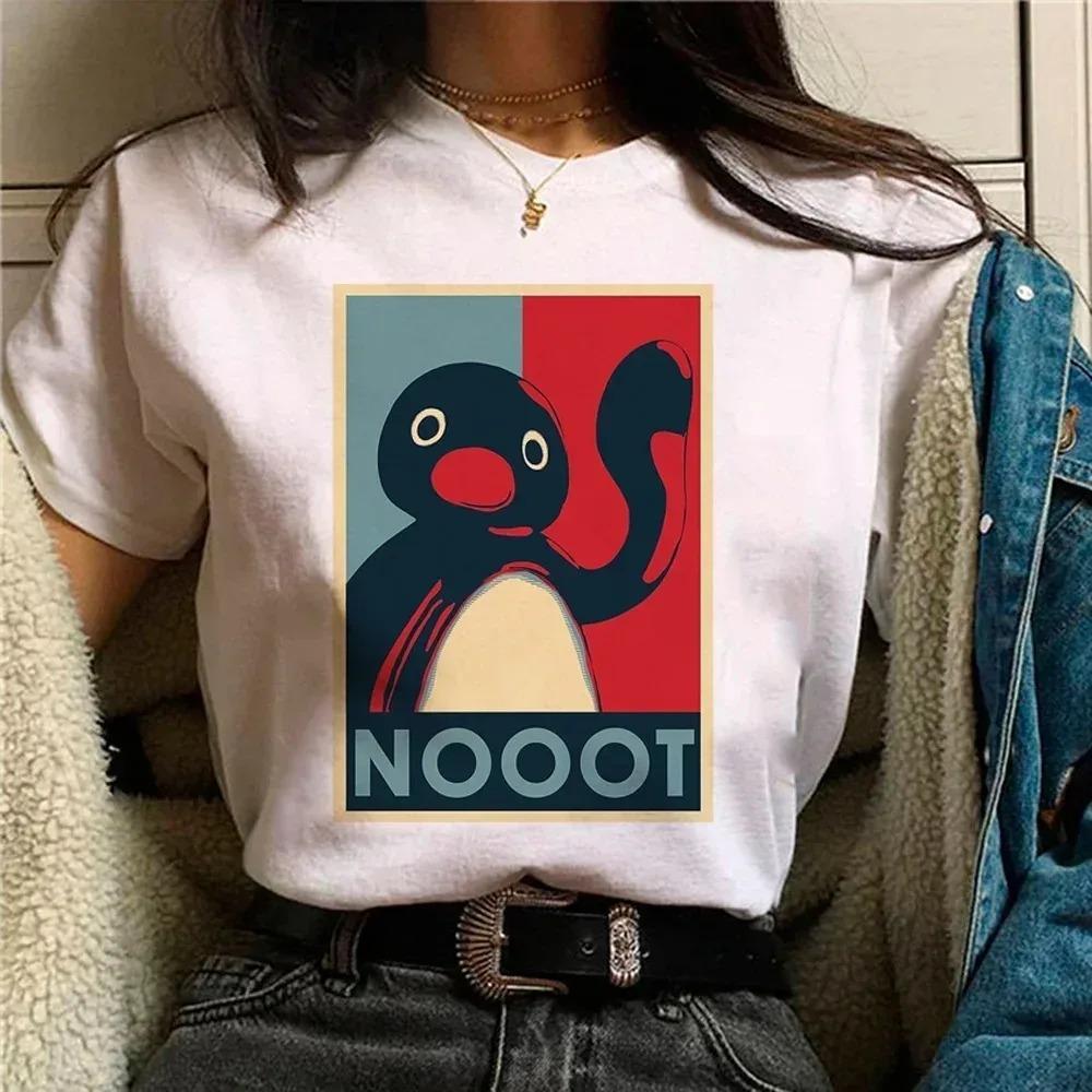 Funny Pingu Print Women's T-Shirt Unique Casual Cute Street Short-Sleeve T-Shirt Breathable Women's Top Kawaii Clothing
