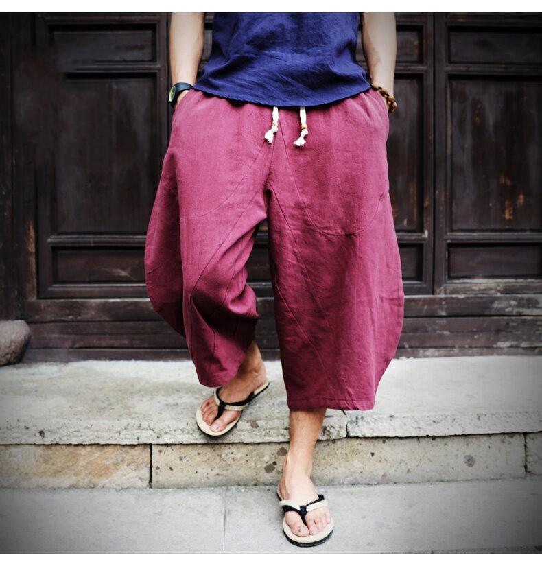

Men s Summer Loose-Fit Cotton-Linen Pants: Chinese-Style Wide-Leg Casual Linen Shorts 4XL вина червоного кольору