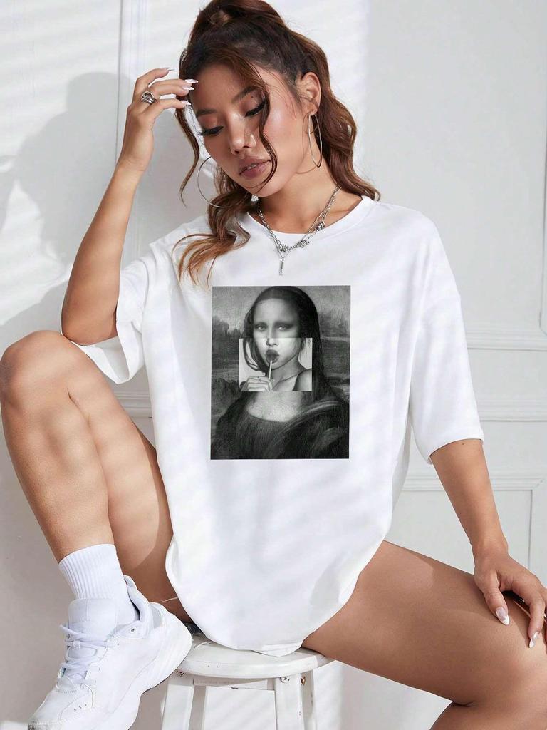 Mona Lisa Drinking Beverages Womens Tshirt Summer Breathable Casual T Shirt Loose Soft Tops Hip Hop Oversize Fashion Clothes