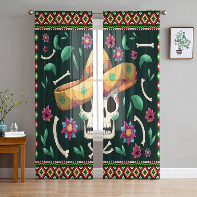 

Мексиканские прозрачные шторы с принтом черепа и свечей, драпировка, украшение для домашнего балкона, гостиной, спальни, шифоновые оконные тюлевые шторы 1 PCS W100XH250cm