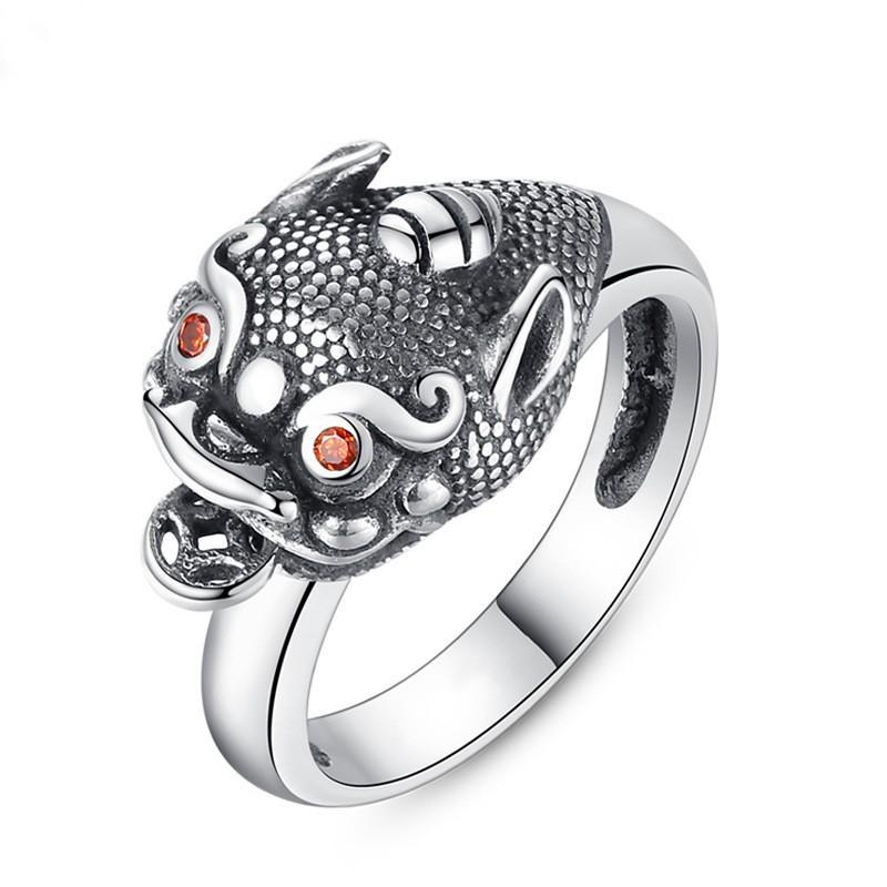 Adjustable Open Ring With Pixiu Fortune Beast Motif Sterling Unisex Vintage Style Finger Adjustable Open Band
