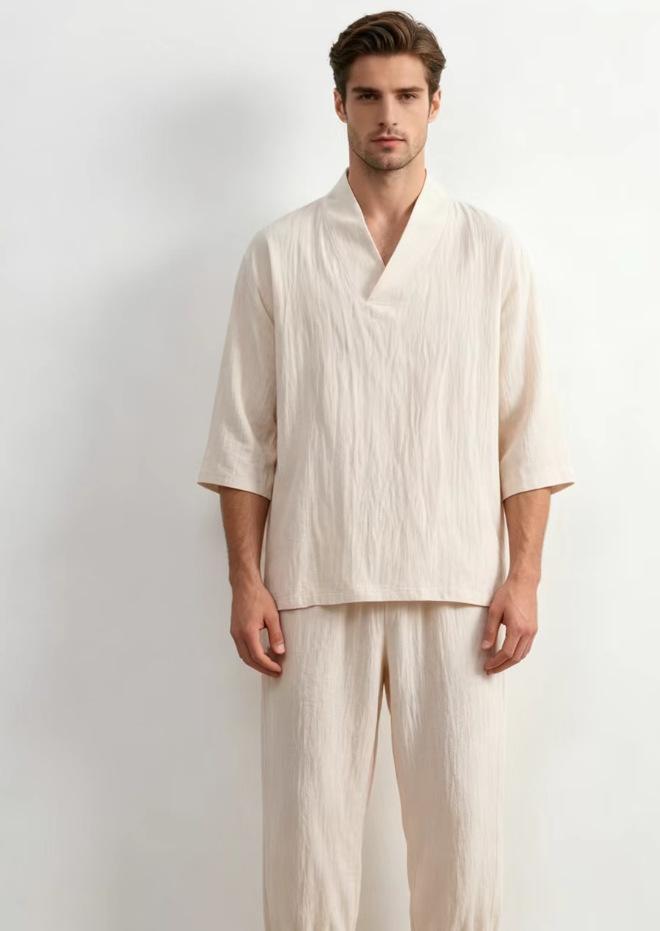 Mens Chinese Style Loose Cotton Linen Two Piece Set V Neck T Shirt Long Pants