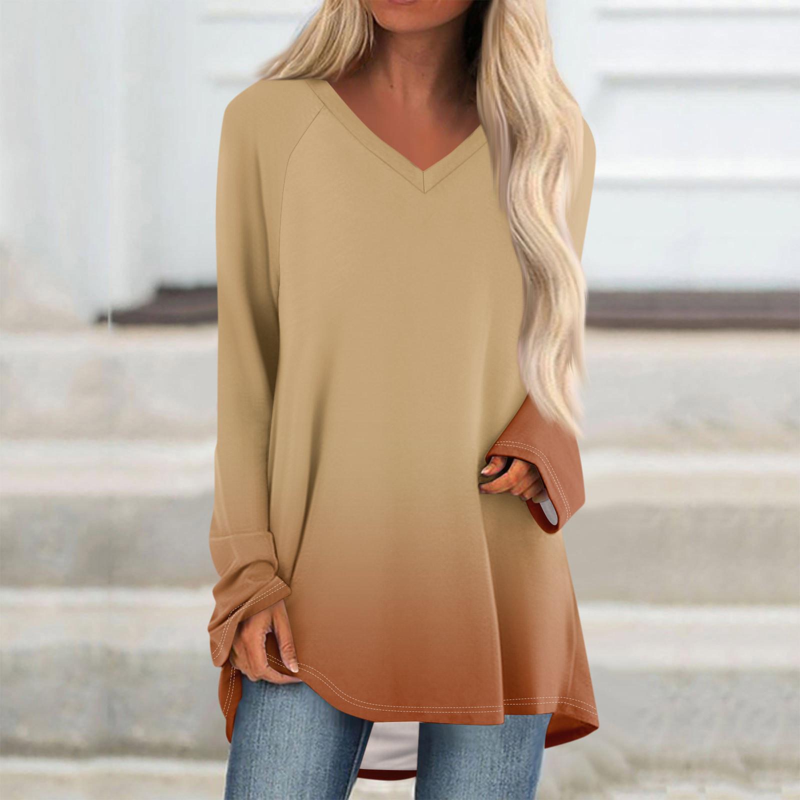 

Женская осенне-зимняя повседневная длинная свободная футболка с v-образным вырезом и длинными рукавами и принтом XL хаки