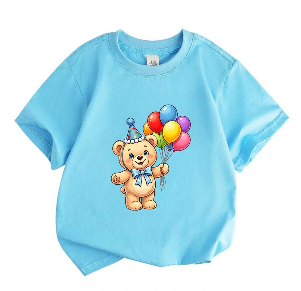 Kids Boys Girls 100% Cotton Crew Neck Short Sleeve T-Shirt Cute Birthday Teddy Bear With Colorful Party Balloons Print Casual Soft Tee Shirt For Daily