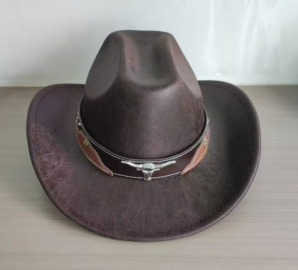 Western Suede Upturned Edge Western Cowboy Hat Men's and Women's Outdoor Travel Hat Rolled Brim Ethnic Style Top Hat Felt Hat