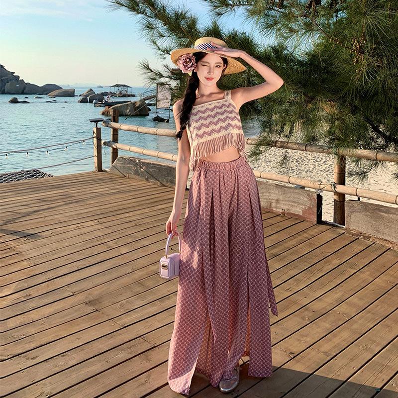 Seaside Wear Suit, Thailand Sanya Vacation Beach Skirt Pants, Bohemian Trousers, Chiffon Wide-leg Trousers, a Complete Set