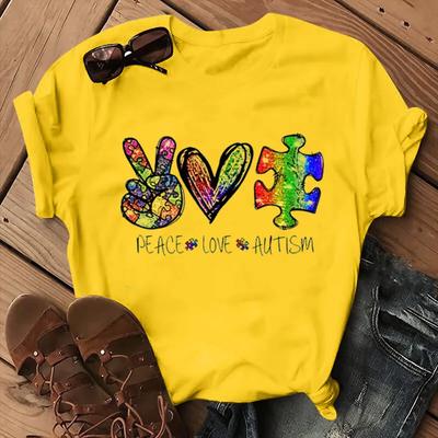 Frieden Liebe Autismus Bunter Druck Damen T-Shirt Kurzarm Rundhals Locker Damen T-Shirt Damen T-Shirt Tops Camisetas Mujer