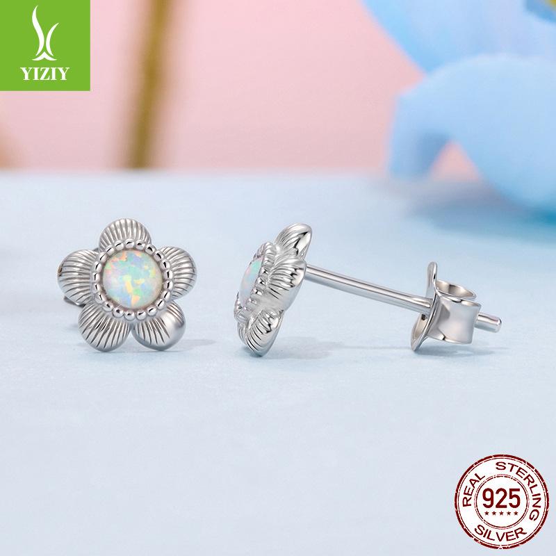S925 Sterling Silver Non-Fading Small Flower Stud Earrings Opal Flower Fashion Niche Temperament Earrings Women