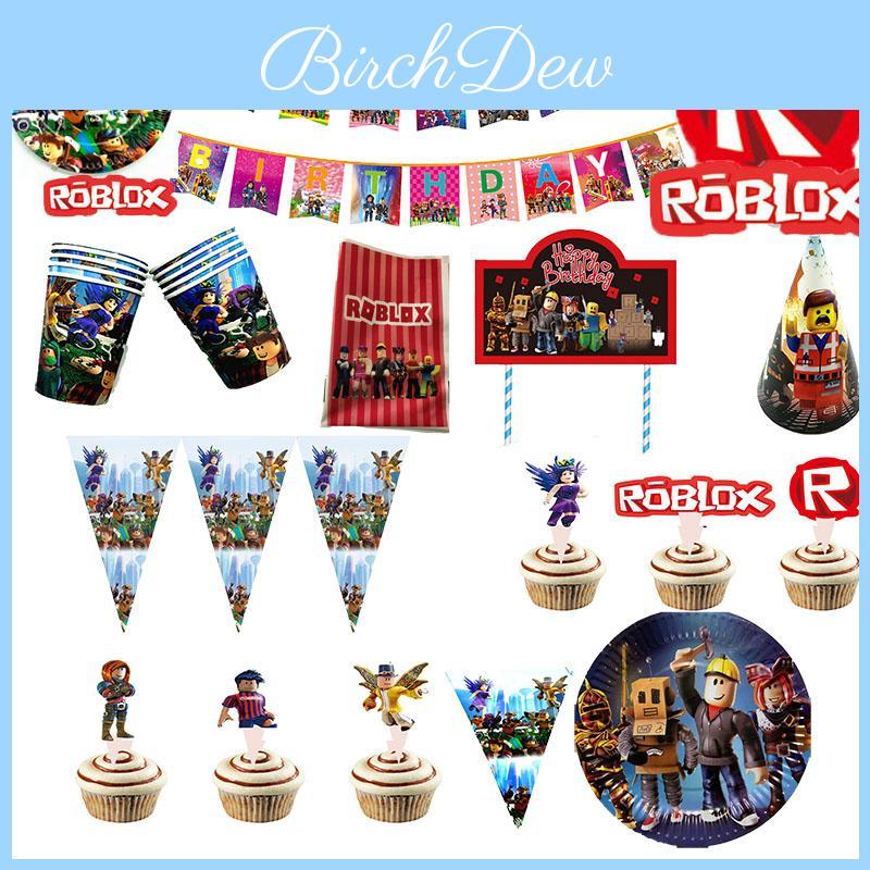 Živé party potřeby s tématem Roblox pro dětské narozeninové oslavy s bannery a ozdobami na dort
