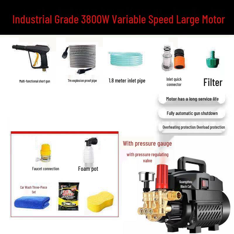 Black Cat 220V Automatic Portable Car Washer: High-Pressure Water Gun & Pump for Home Use 3800W