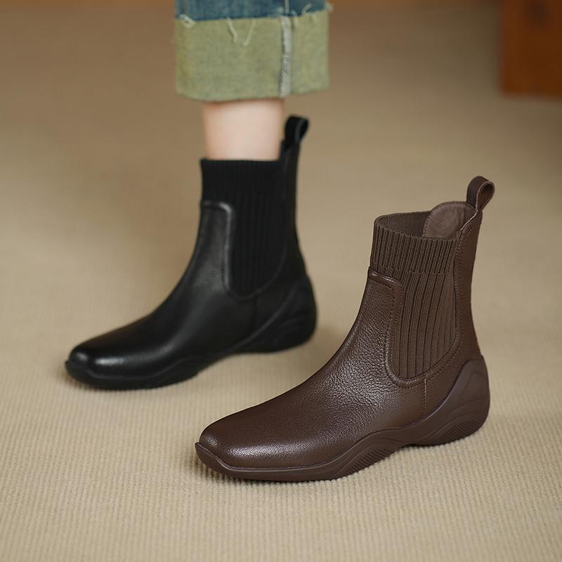 Fashion 2025 NEW Autumn Women Boots Sheepskin Leather Women Shoes Square Toe Chunky Heel Slip-on Ankle Boots Chelsea Ladies Boots