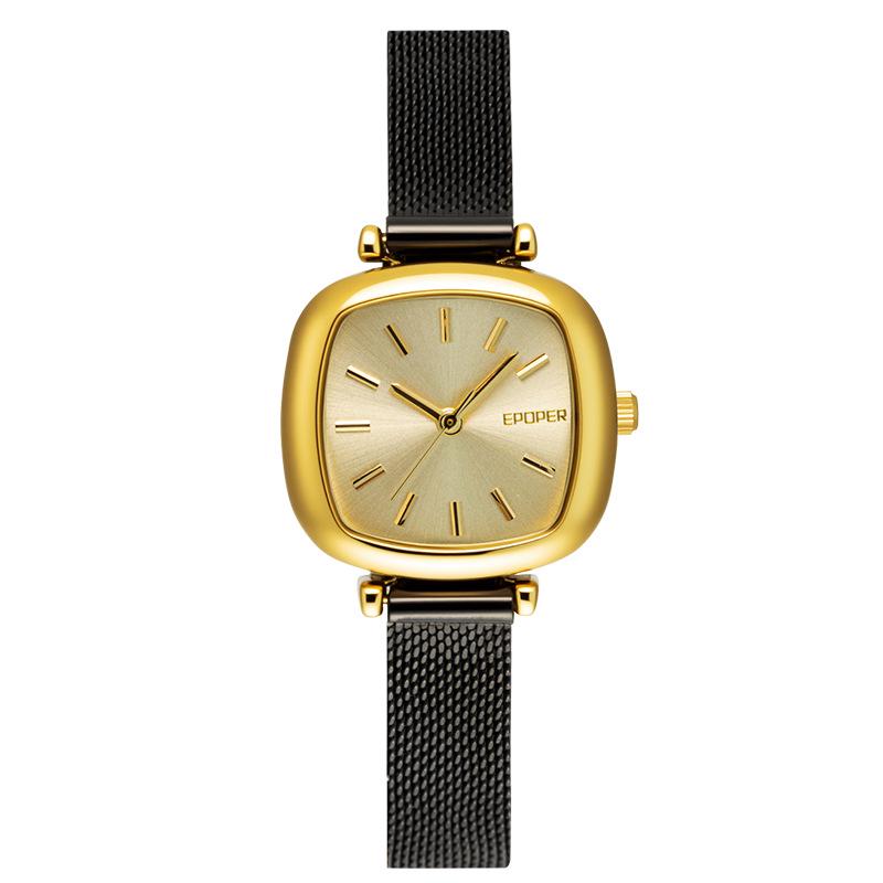 Sleek Black Gold Small Square Quartz Watch, Versatile Steel Band, Waterproof Casual Design