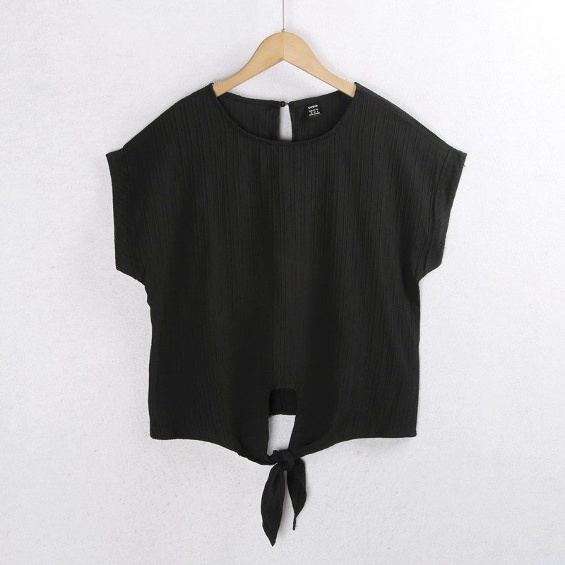 

914 Рубашка с узлом «летучая мышь» Весна/Лето Большой размер круглый воротник черная шнуровка стройнящая универсальная модная рубашка с коротким рукавом экспорт Black M