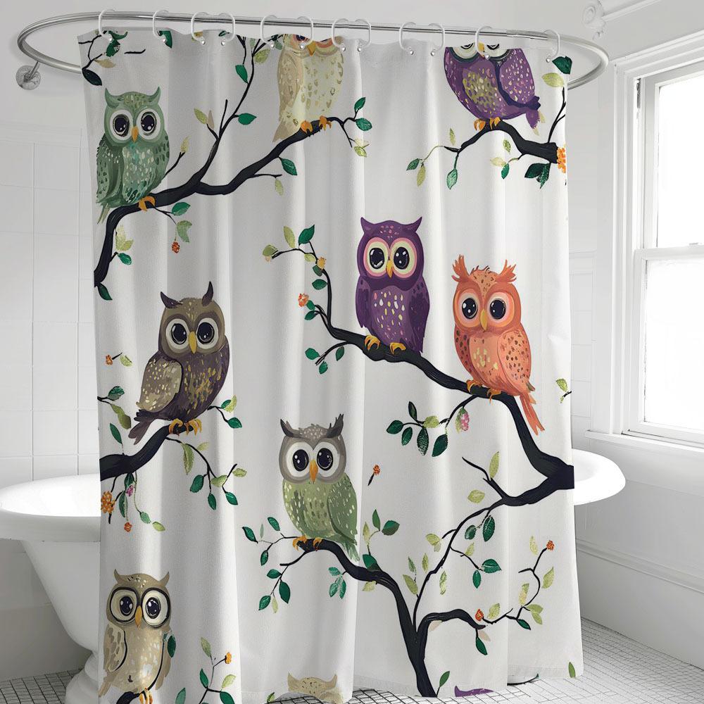 1pc Cartoon Owl Print -Shower Curtain - Machine Washable Polyester,  Includes 12 Hooks, Ideal for Home and Bathroom Decor