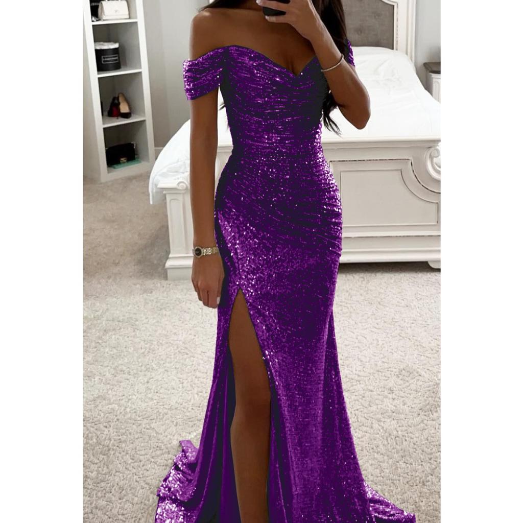 Abito Maxi da Donna Mermaid Scollo Bardot Manica Corta Vestibilità Aderente Spacco Alto Paillettes Abito da Sera Formale