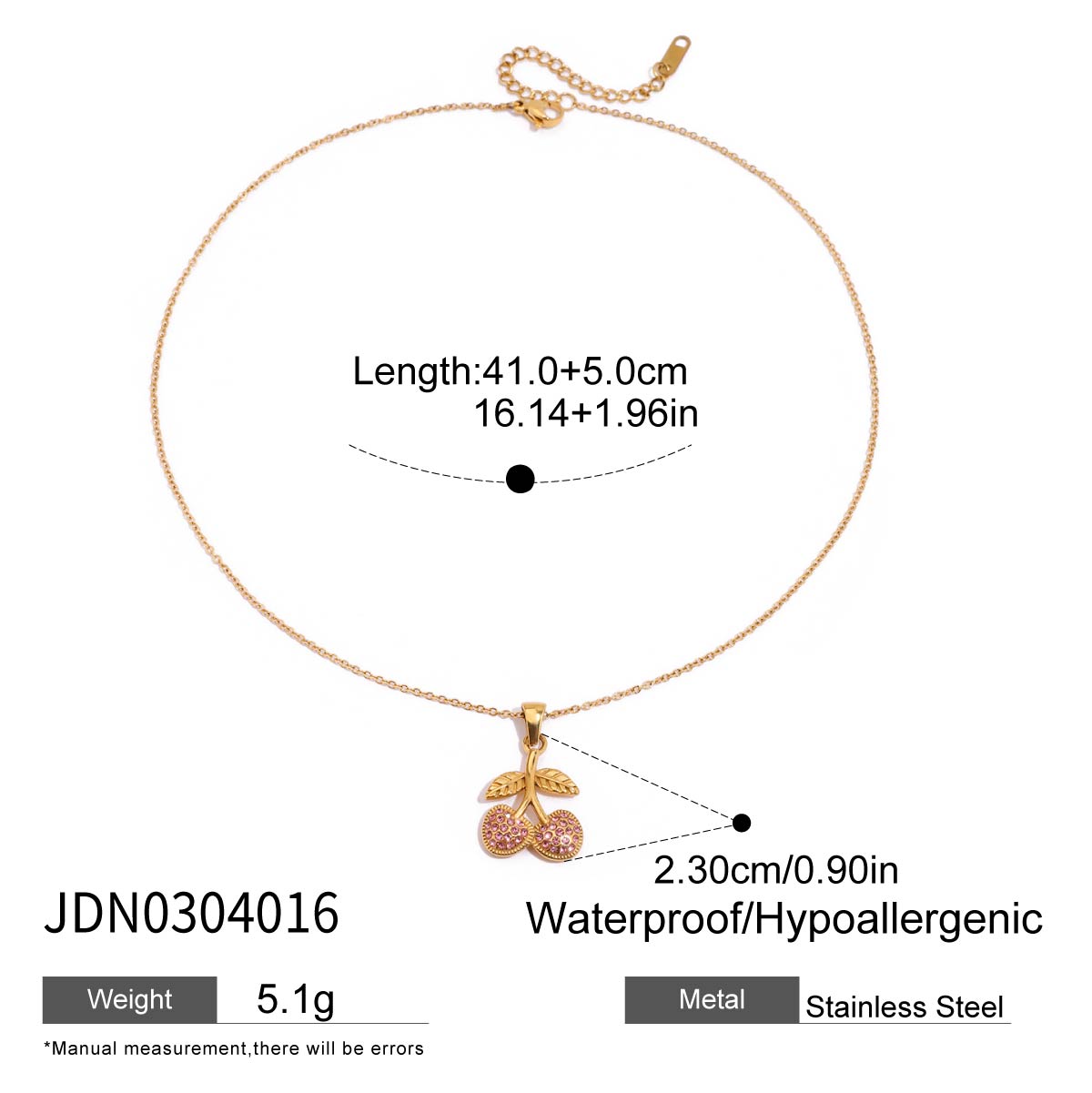 Youthway Pink Zirconia Metal Cherry Pendant Necklace Waterproof Stainless Steel Collar Jewelry  Sale Charm Necklace