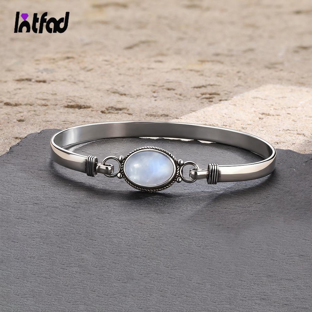 Bracciali Bangle in Argento 925 Vintage con Pietra di Luna Naturale Ovale Fatti a Mano Bracciali Pietra di Nascita Regali Gioielli Raffinati per Donne Uomini