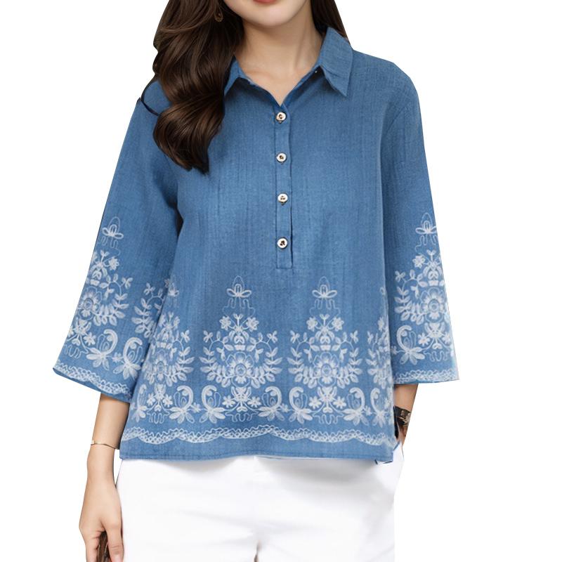 

ZANZEA Женская блузка с отложным воротником, свободного кроя, с рукавами 3/4 и принтом 4XL тёмно-синий