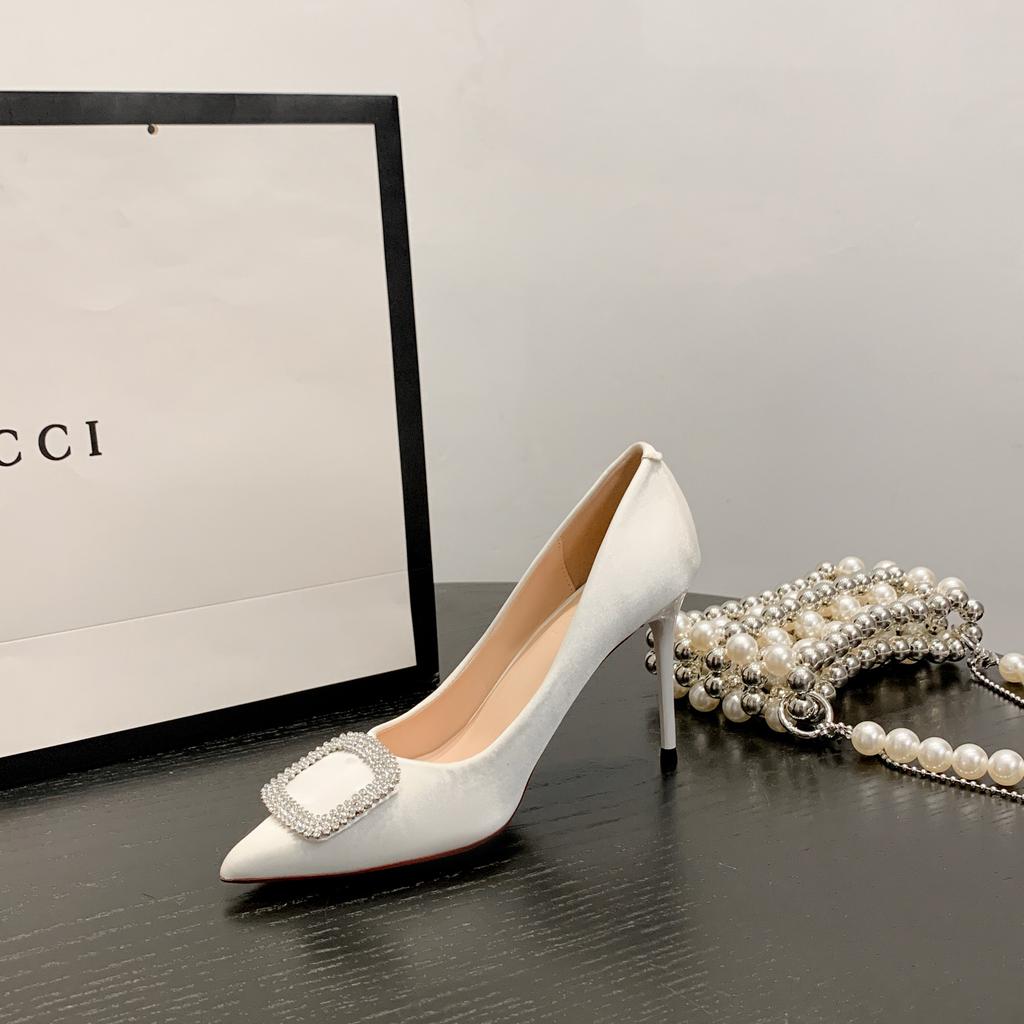 White High Heels Women's Autumn New Pointed Rhinestone Buckle Satin Stiletto Light Mouth Stiletto Single Shoes