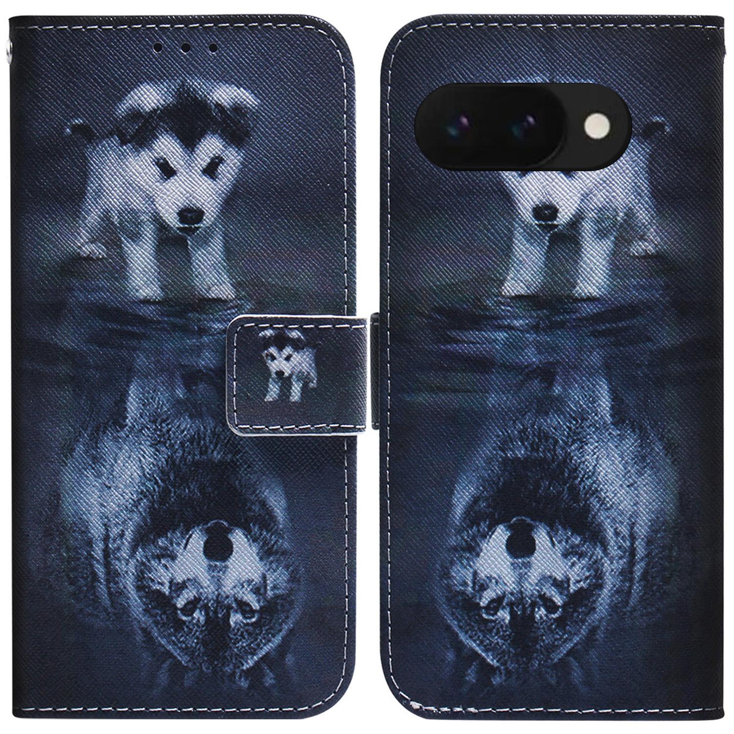 

For Google Pixel 9a Wallet Case Pattern Print Leather Phone Cover Dog and Wolf