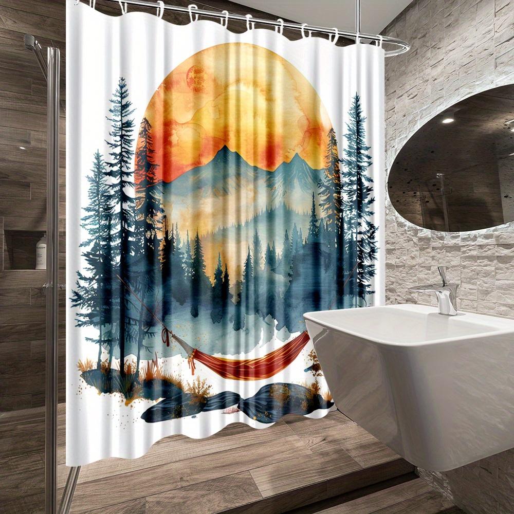1pc Mountain Sunset Theme Shower Curtain, Vibrant Nature with Hammock, Polyester Fabric, Bathroom Decor, Featuring 12 Hooks,