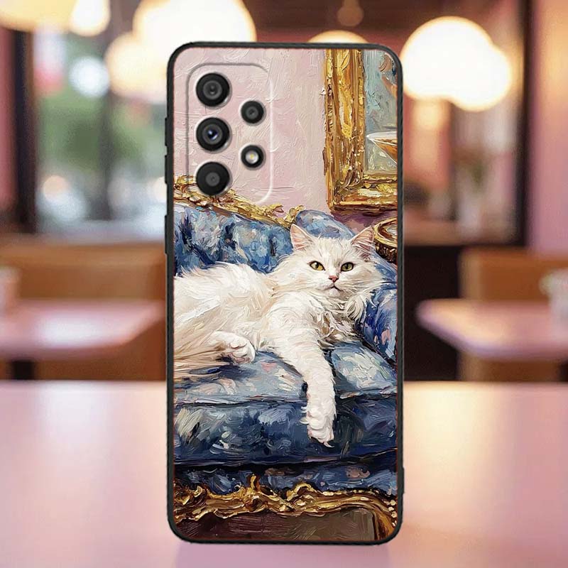 Cute Cartoon Cat Illustration For Samsung A41 A35 A34 A33 A32 A25 A24 A23 A21s A06 A05 A04 A03 Note 10 20 Ultra 5G Black Case
