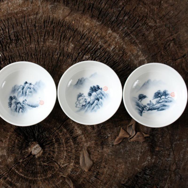 Blue and White Porcelain Tea Cups Set - Hand-Painted Landscape 4-Piece 40ml, Gongfu Chinese Tea Tasting Cups, Fine China