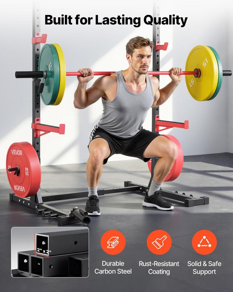Power Cage Rack, Multifunctional Squat Rack for Home Gym, Width-Adjustable Workout Strength Training Equipment with 6 Band Pegs, Landmine Attachment &
