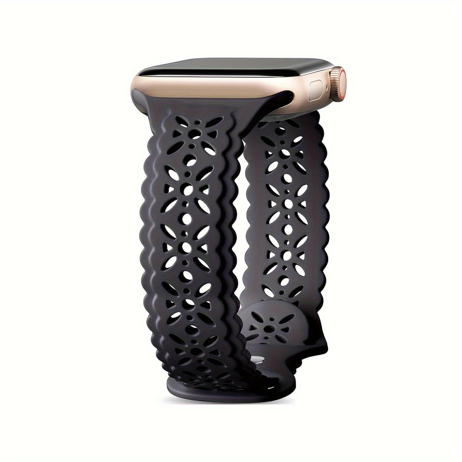 

Силиконовый ремешок с узором «снежинка» для Apple Watch 10 — мягкий двусторонний кружевной спортивный дышащий ремешок для iWatch10/9/8/7/6/5/4/3/2/1/Se/Ultra/Ultra2 49 мм 42/44/45/49mm чёрный