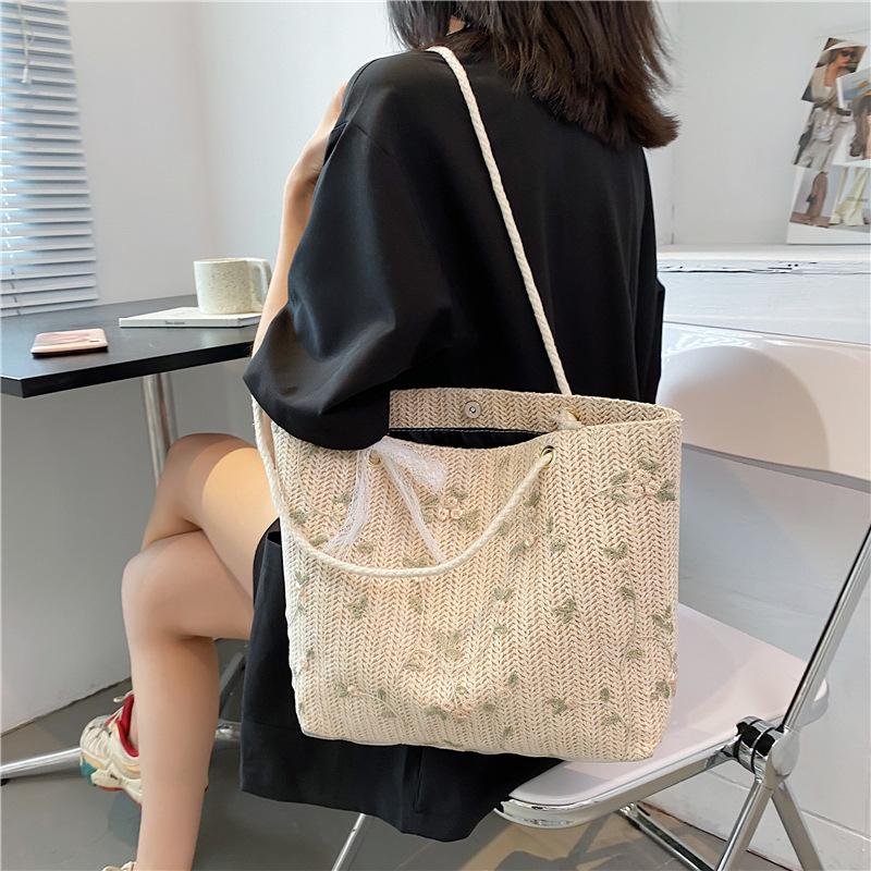 Summer Minimalist Straw Woven Shoulder Tote with Bow Detail - Trendy Chic Handwoven Handbag for Beach & Daily