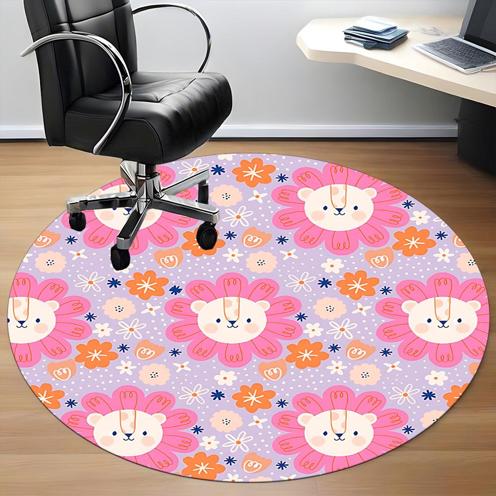 1PC Floral Lions Office Round Area Rug, Mat Suitable ForOffice, Under Office Chairs Bedroom Living Room Home Decor, Room Deco