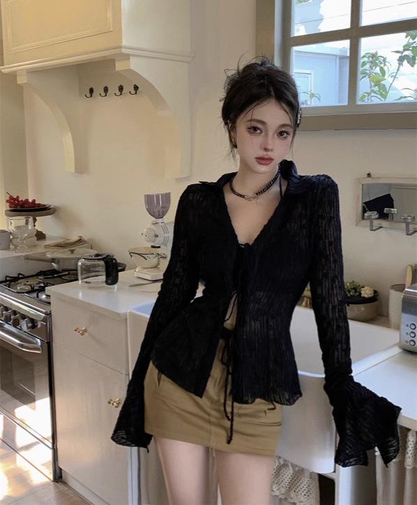 Women's Black Sheer Chiffon Sun Protection Shirt, Lace-Up Waist, Slimming Fit - Autumn 2026