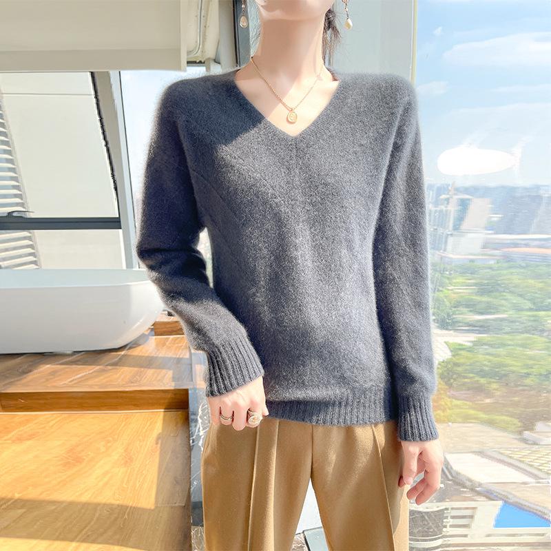 Women's Australian Pure Wool V-Neck Sweater - Autumn/Winter Loose Knit Long Sleeve Outerwear