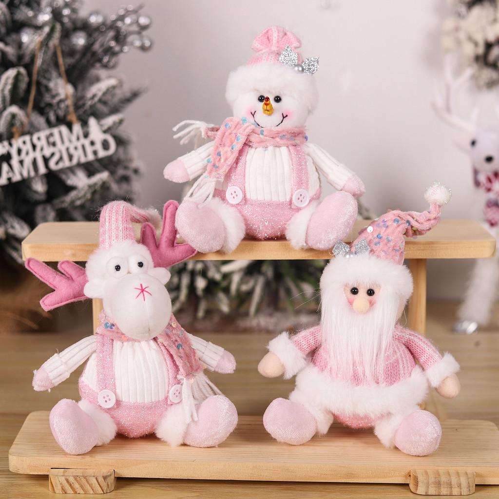Adorable Pink Snowman And Reindeer Plush Figurines For Christmas Holiday Decor
