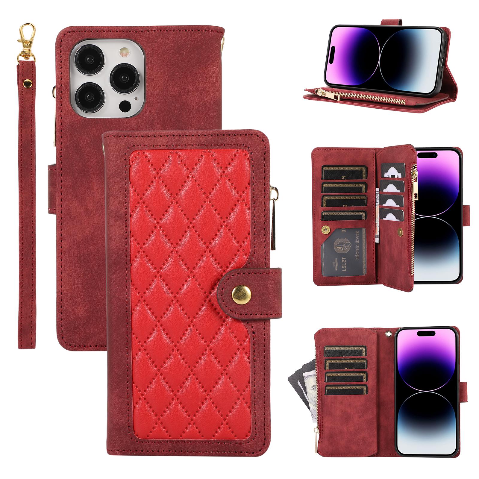 

For iPhone 16 Pro Max Case TPU+PU Leather Zipper Pocket Wallet Phone Cover with Wrist Strap Red