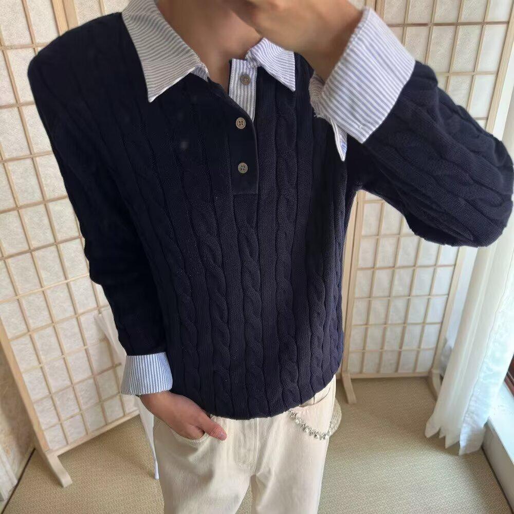 Men s Winter Cable Knit Patchwork Polo Sweater 2XL