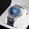 Mens Fashion Casual Mechanical Watch With Starry Sky Dial Rotating Bezel Stainless Steel Buckle Leather Strap
