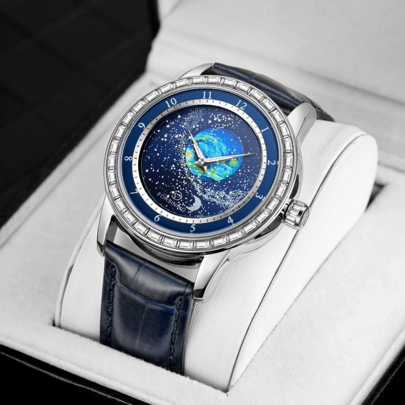 Mens Fashion Casual Mechanical Watch With Starry Sky Dial Rotating Bezel Stainless Steel Buckle Leather Strap