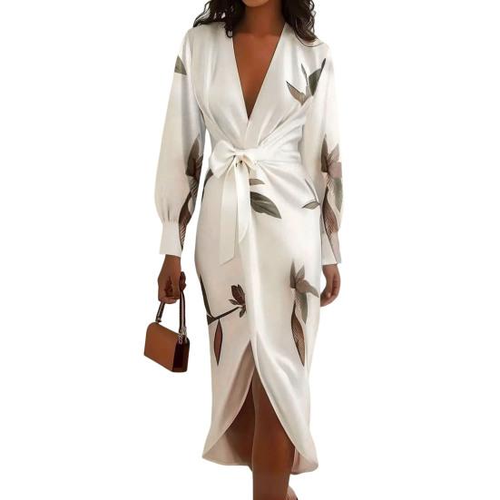 Women s Floral Print Satin Wrap Midi Dress Deep V Neck Long Sleeve Bodycon Dress Split Formal Evening Party Dress S