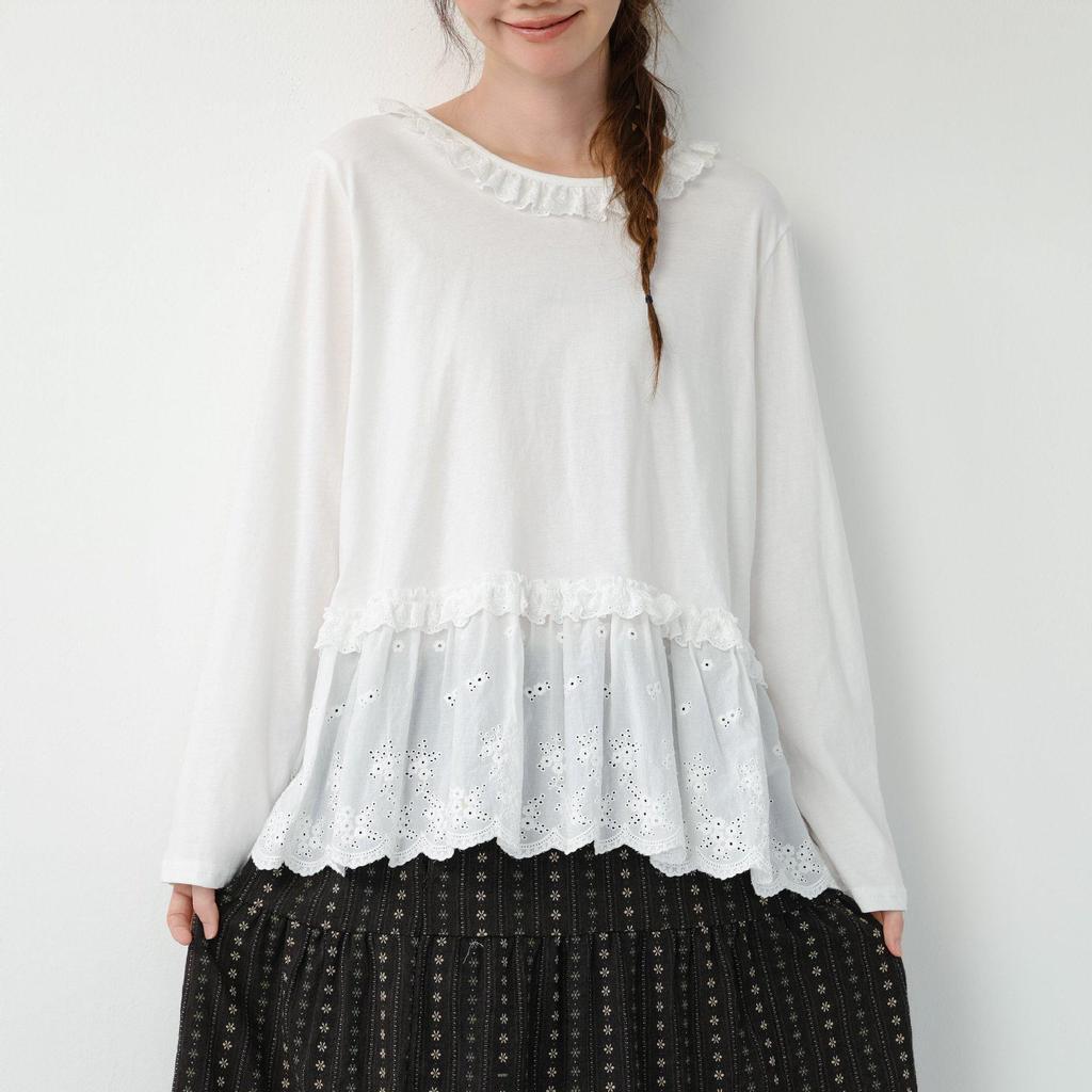 Spring Japanese Literary Lace Collar Knit T-shirt: Loose Embroidered Pure Cotton Layered Top for Women