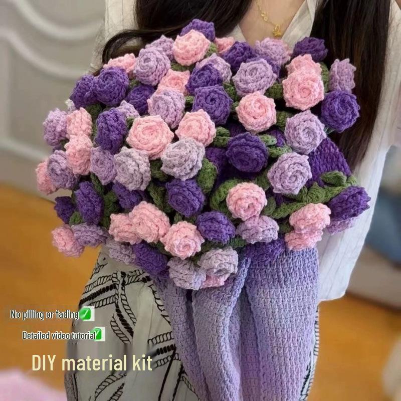 Gradient Rose & Lily of the Valley Knitted Blanket Kit - DIY Yarn & Material Pack with Pointed Corners