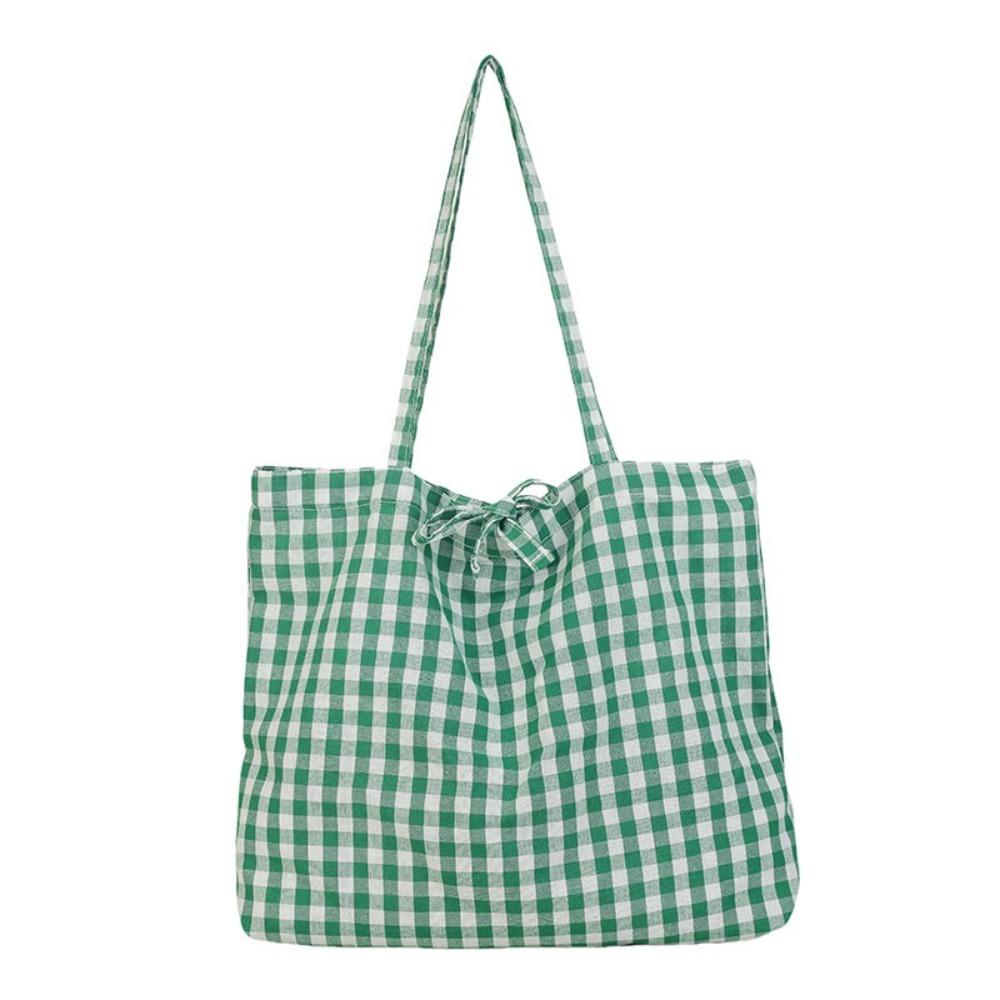 

Ins Style Polyester Plaid Tote Bags Bow Tie Design Lightweight Bow Shoulder Bag Large Capacity Shopping Bag Daily Use зелений