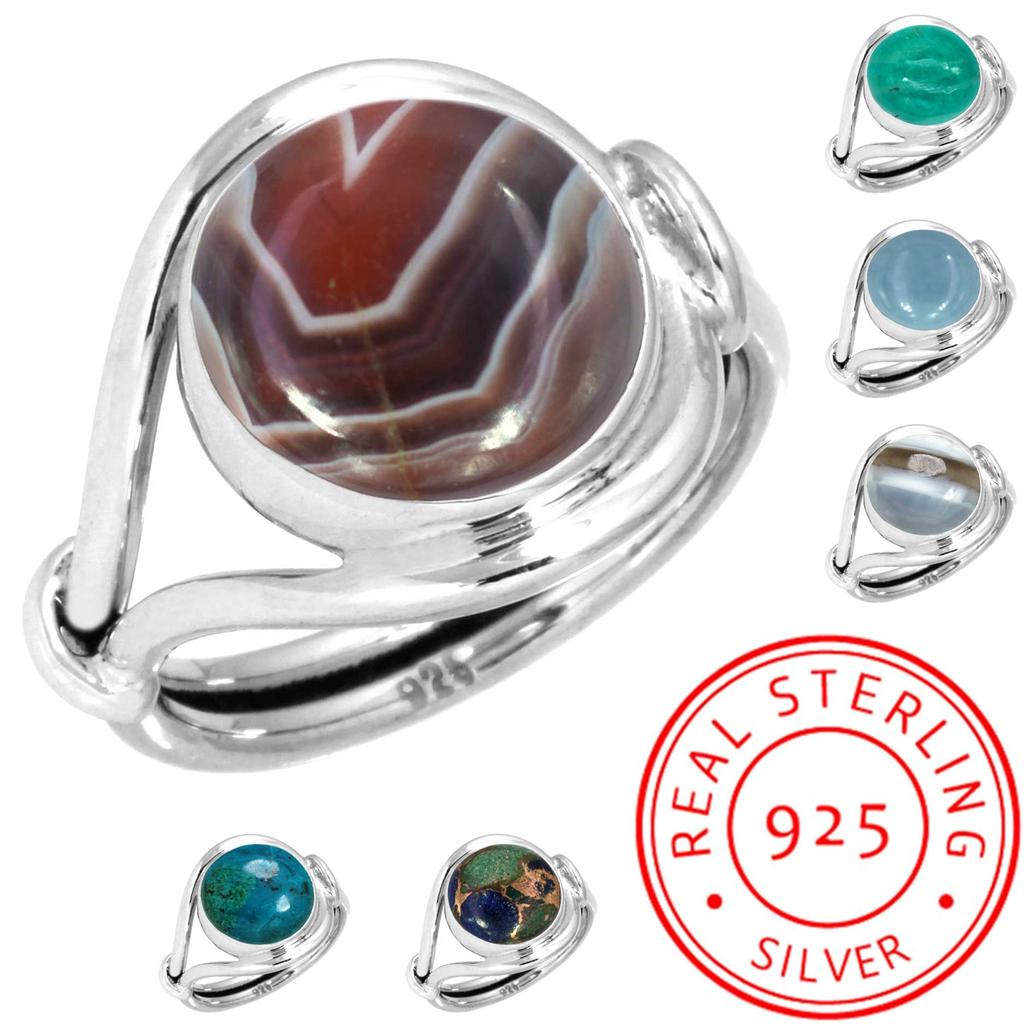 925 Sterling Silver Ring Women Gemstone Handmade Jewelry New Year Gift Amazonite Angelite Blue Opal Botswana Agate Mohave Azurite Chrysocolla Boho