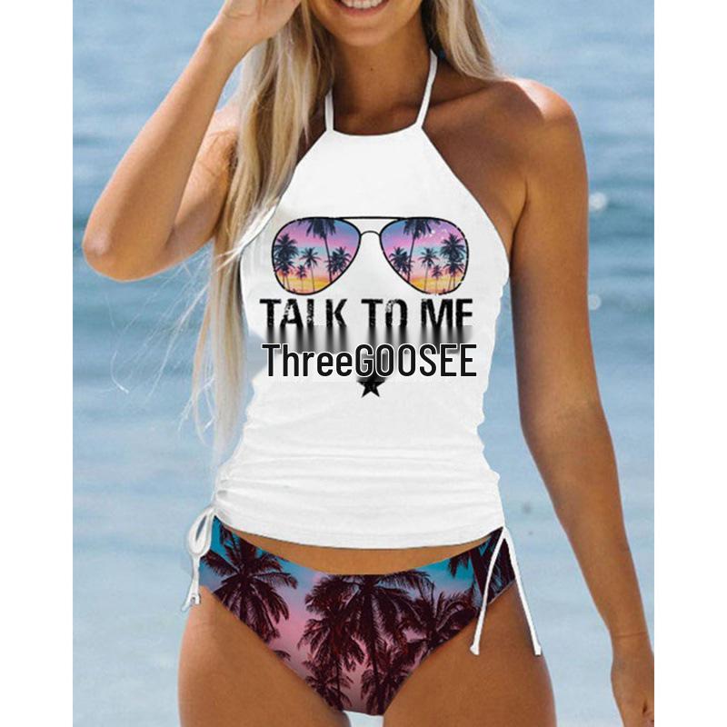 

Сексуальное бикини большого размера с принтом и бандажной отделкой - Купальник с контролем живота для женщин XL