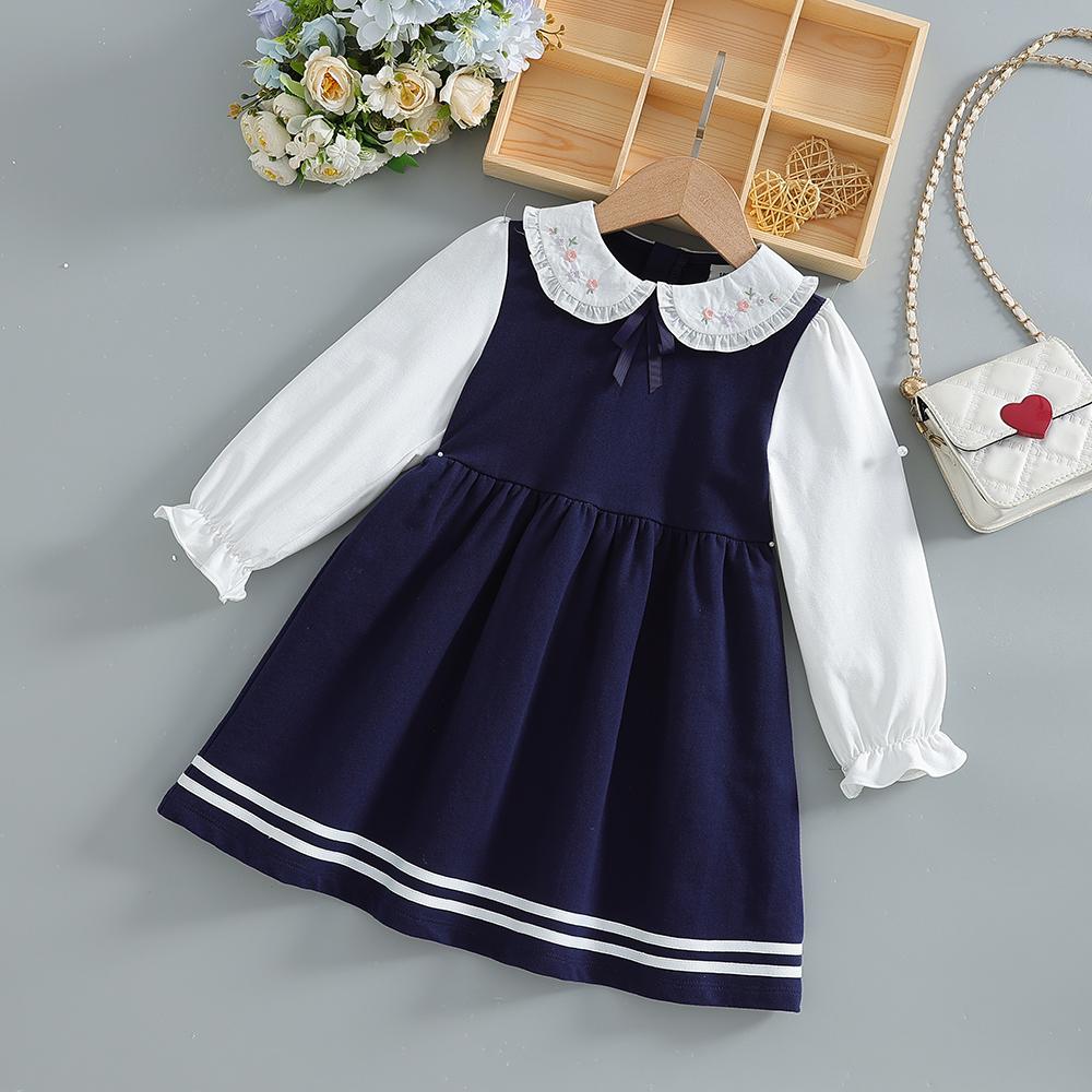 Toddler Girls' School Style Dress Navy Blue White Ruffle Collar Puff Long Sleeves 2-6 Years Kids Dress